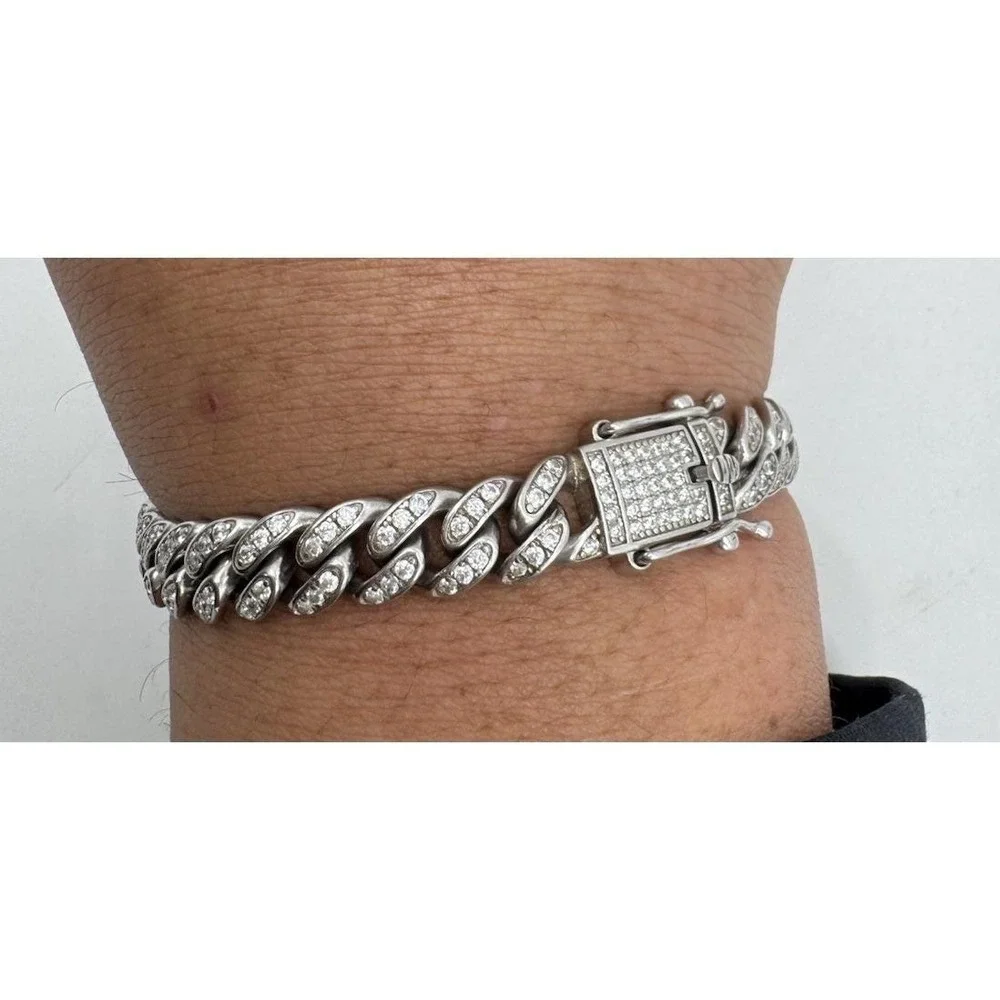 925 Sterling Silver Iced Out Cuban Link Bracelet 10mm Curb Chain 8 Inch